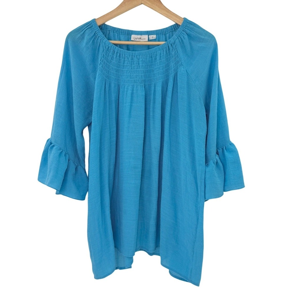 Jaclyn Smith Collection Women's Blue Smocked Ruffle Sleeve Peasant Blouse Top 1X